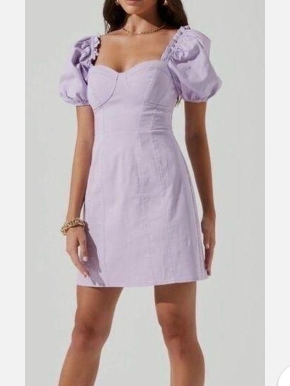 Astr Lilac Puff-Sleeve Sweetheart Mini Dress- XS